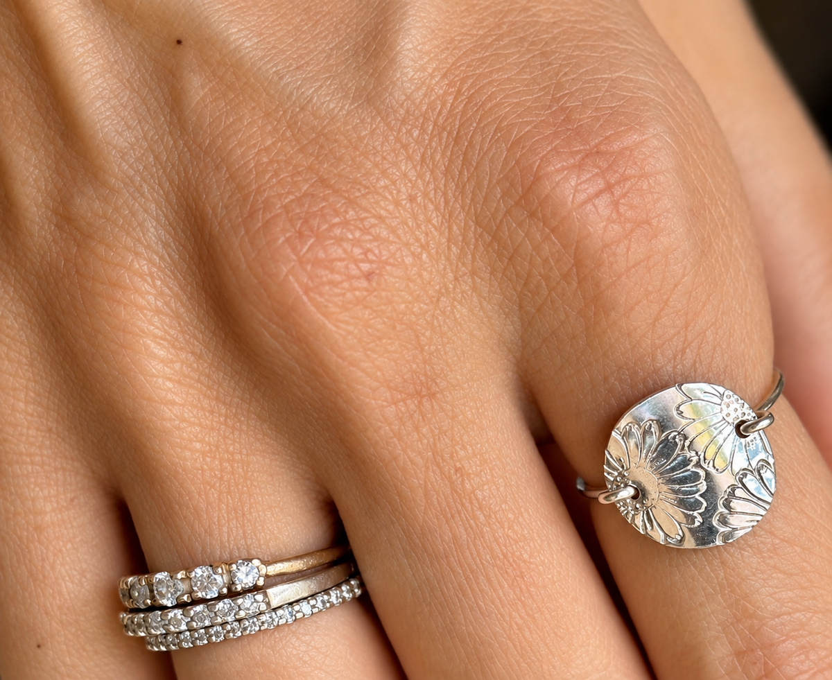 Hand-Stamped Birth Flower Ring – Sterling Silver or 14k Gold-Filled
