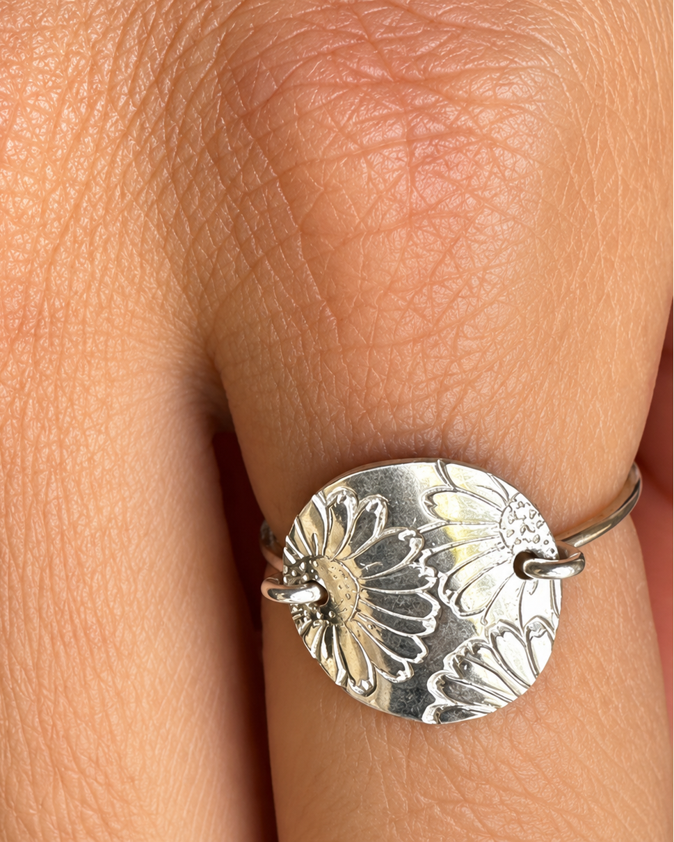 Hand-Stamped Birth Flower Ring – Sterling Silver or 14k Gold-Filled